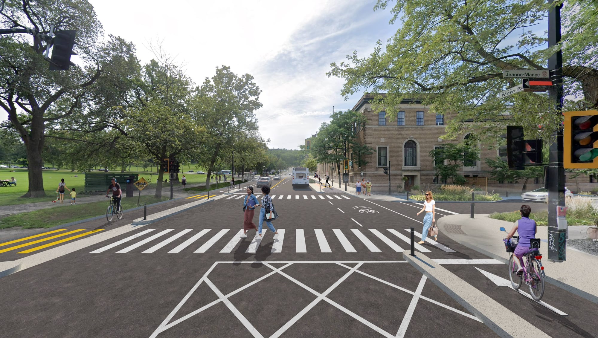 Cette image générée par ordinateur montre l'intersection Mont-Royal et Jeanne-Mance en été avec des pistes cyclables de chaque côté.