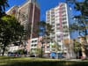 Une photo de trois immeubles bordant le parc La Fontaine, sur la rue Papineau, sous le soleil.